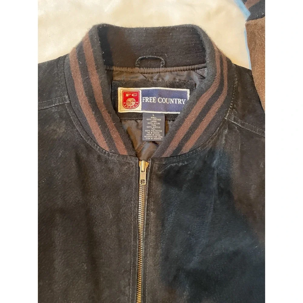 Vintage Free Country Bomber Jacket Mens Large Black Suede Brown Leather Varsity